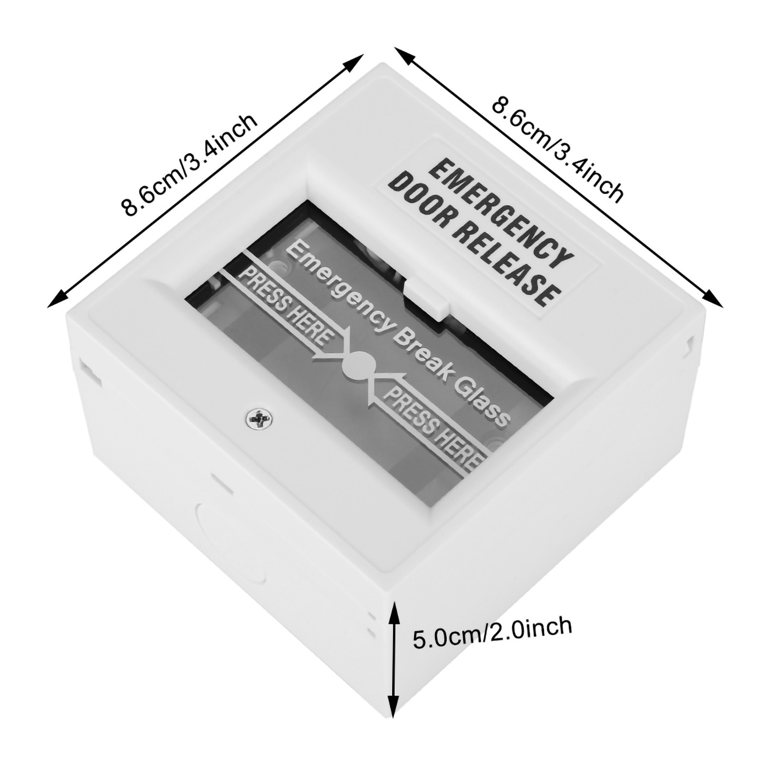 Weiße Notauslösebox mit Text und Abmessungen, isoliert.