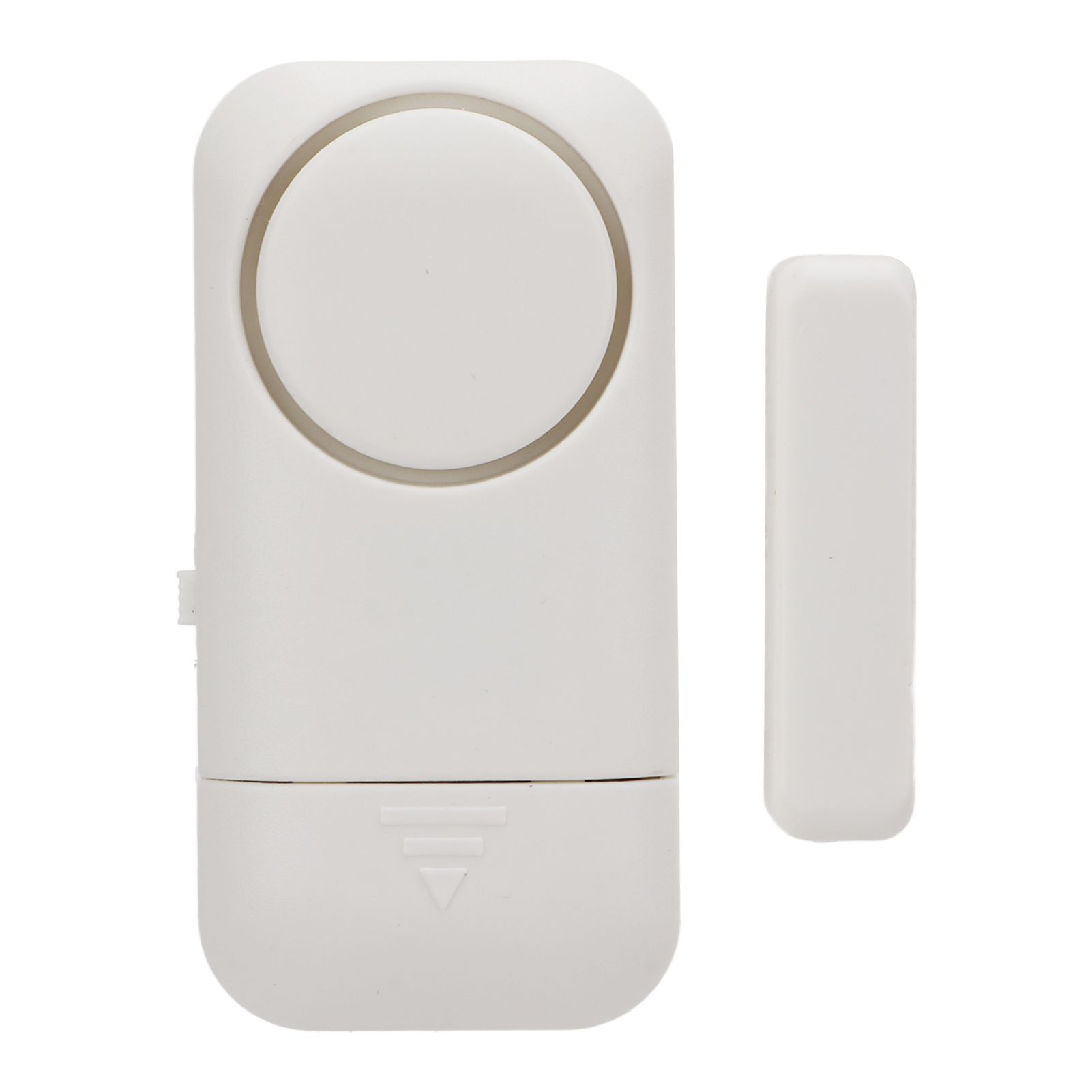 Weißer Alarmsensor mit einem kleinen weißen Stück. Weißer Hintergrund. Enthält einen Pfeil.