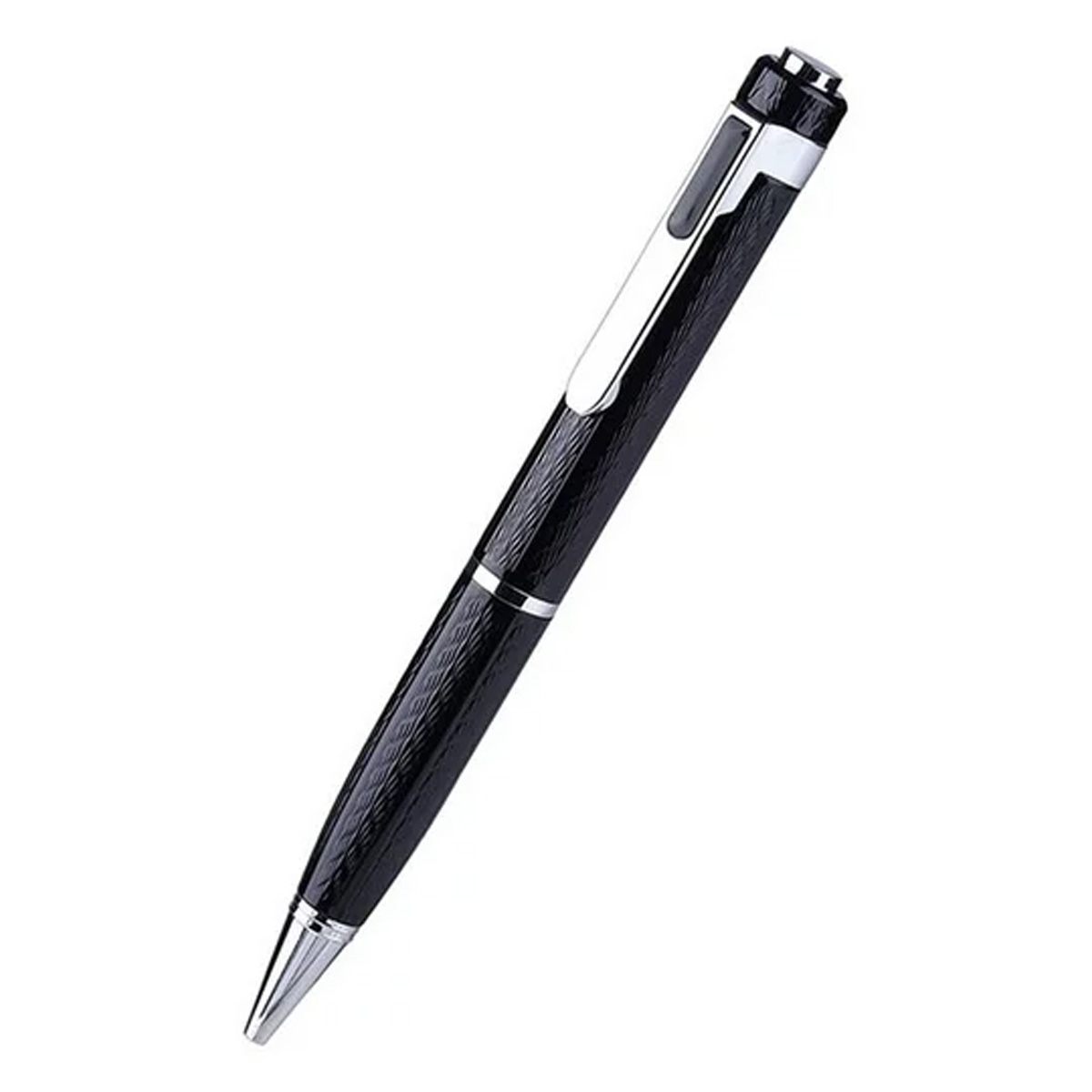 Schwarzer Stift mit silbernen Akzenten. Der Stift befindet sich auf weißem Hintergrund.