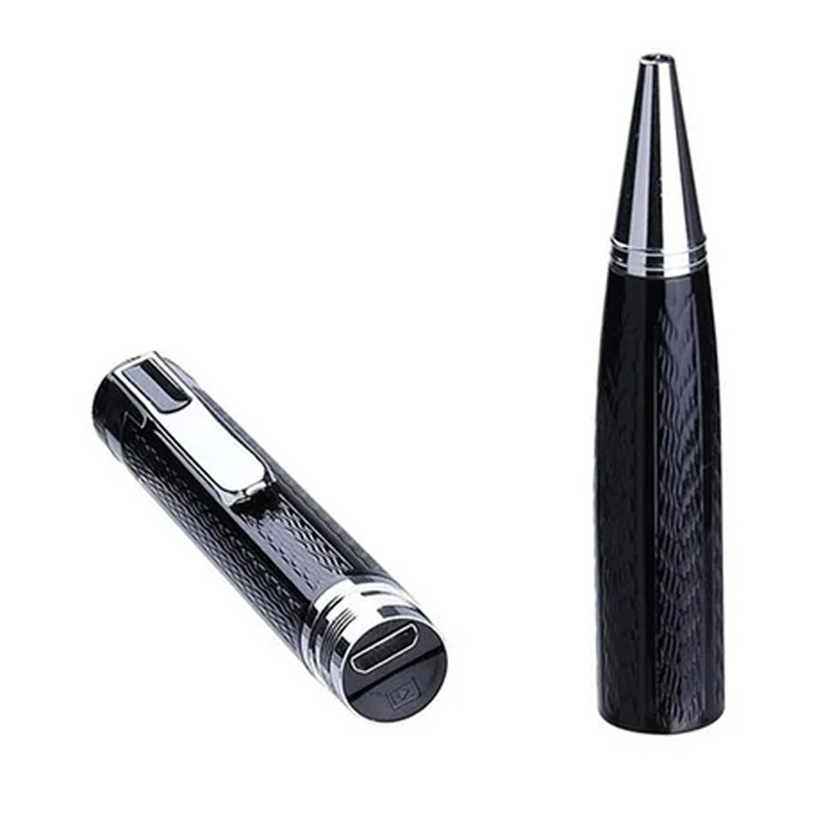 Zwei schwarze Stifte, einer offen und einer geschlossen. Der offene Stift zeigt den inneren Mechanismus.