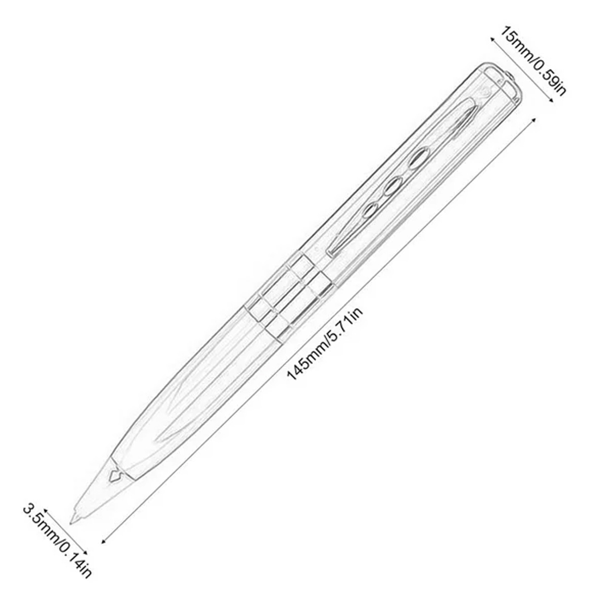 Ein transparenter Stift mit den Maßen: 145 mm Länge und 3,5 mm Spitzenbreite.