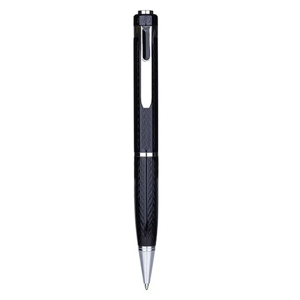 Ein schwarzer Stift mit silberner Spitze und Clip. Der Stift ist auf weißem Hintergrund.
