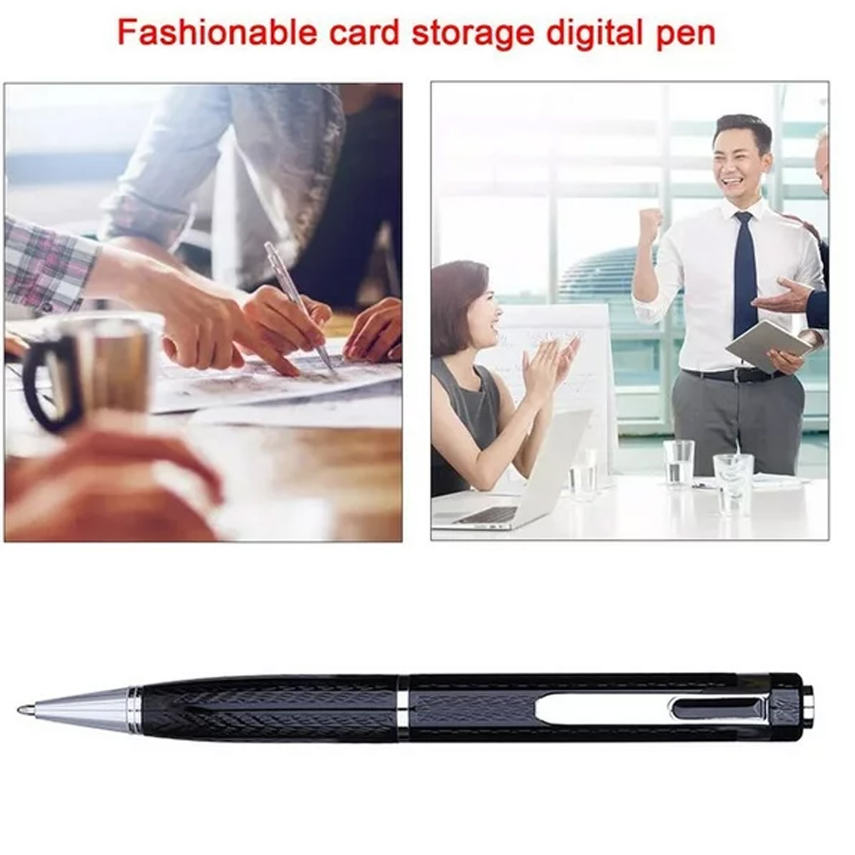 Ein Stift mit silberner Spitze. Menschen sitzen an einem Tisch und arbeiten an Papieren.