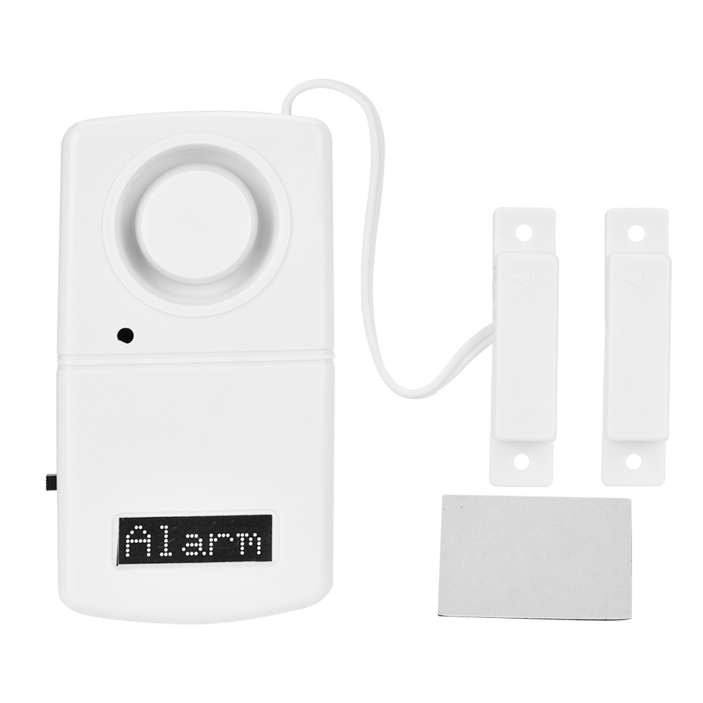 Weißes Alarmsystem mit Lautsprecher und zwei Magnetsensoren, weißer Hintergrund.