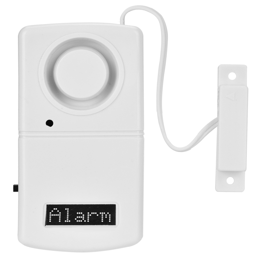Ein weißer Alarm mit einem Bildschirm und einem Knopf. Das Wort 'Alarm' wird auf dem Bildschirm angezeigt.