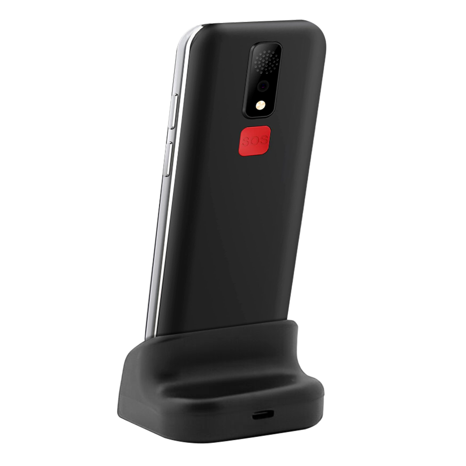 Schwarzes Smartphone auf einer Ladestation. Roter SOS-Knopf auf der Rückseite. Schwarze Basis.