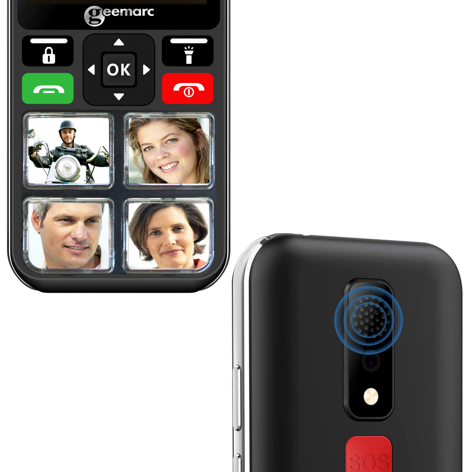 Schwarzes Telefon mit Fotos auf dem Bildschirm und roter SOS-Taste. Details sind sichtbar.