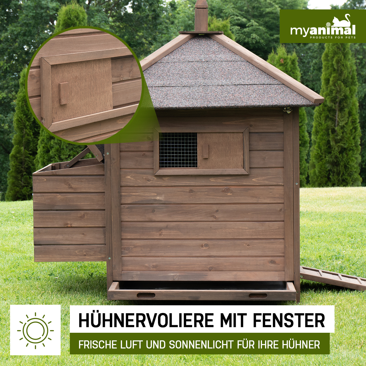 Hühnerstall aus Holz mit Fenster, Tür und Text "Hühnervoliere mit Fenster".