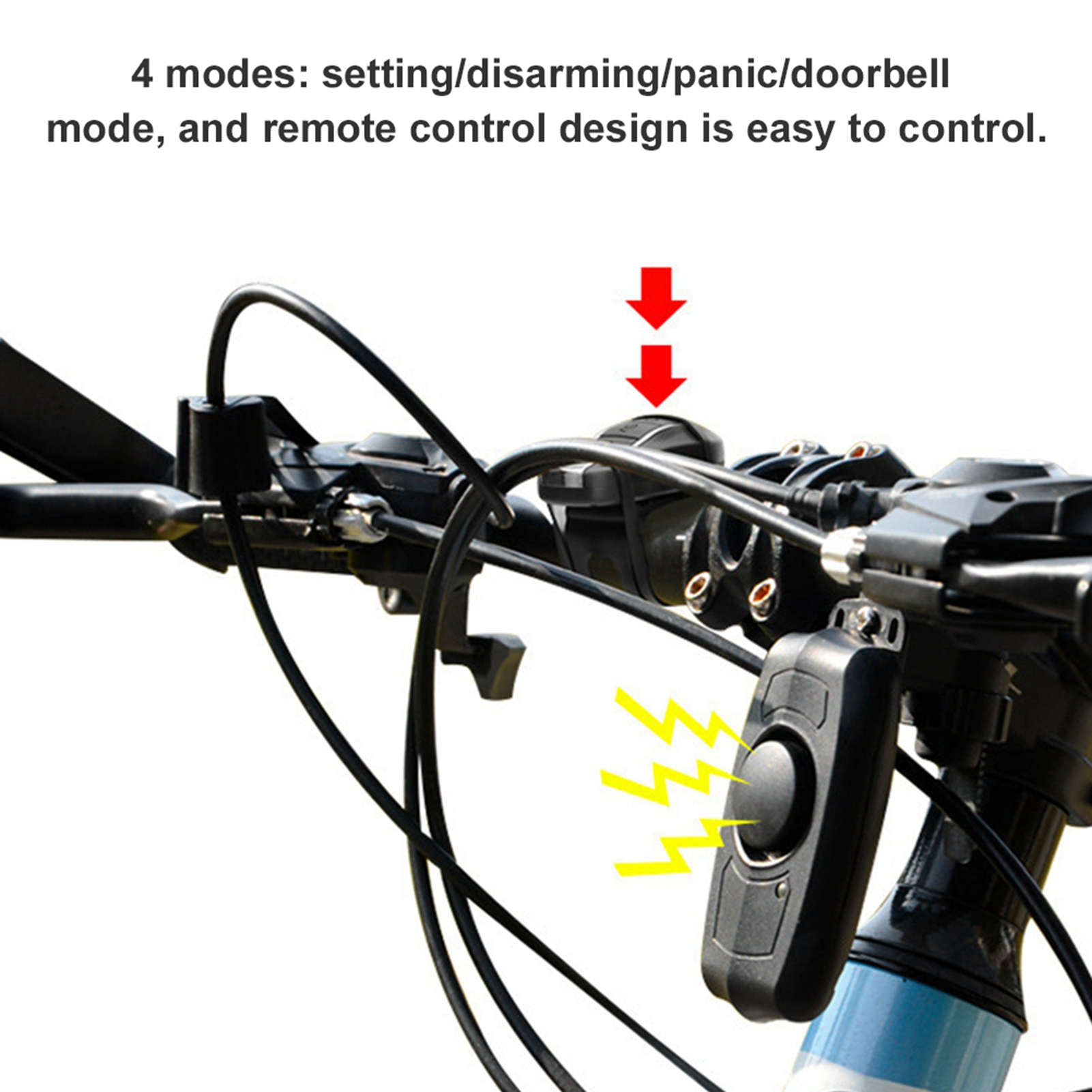 Ein Fahrradlenker mit einer Fernbedienung und Pfeilen nach unten.