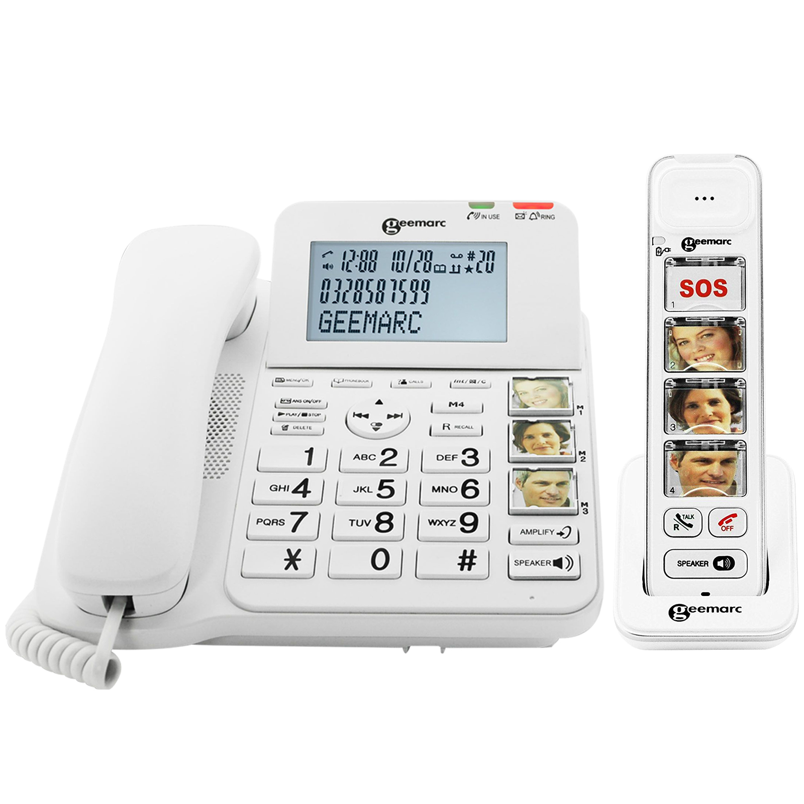 Weißes Telefon mit Basis und Hörer sowie einem zweiten Hörer. Die Basis zeigt einen Bildschirm mit Zahlen.