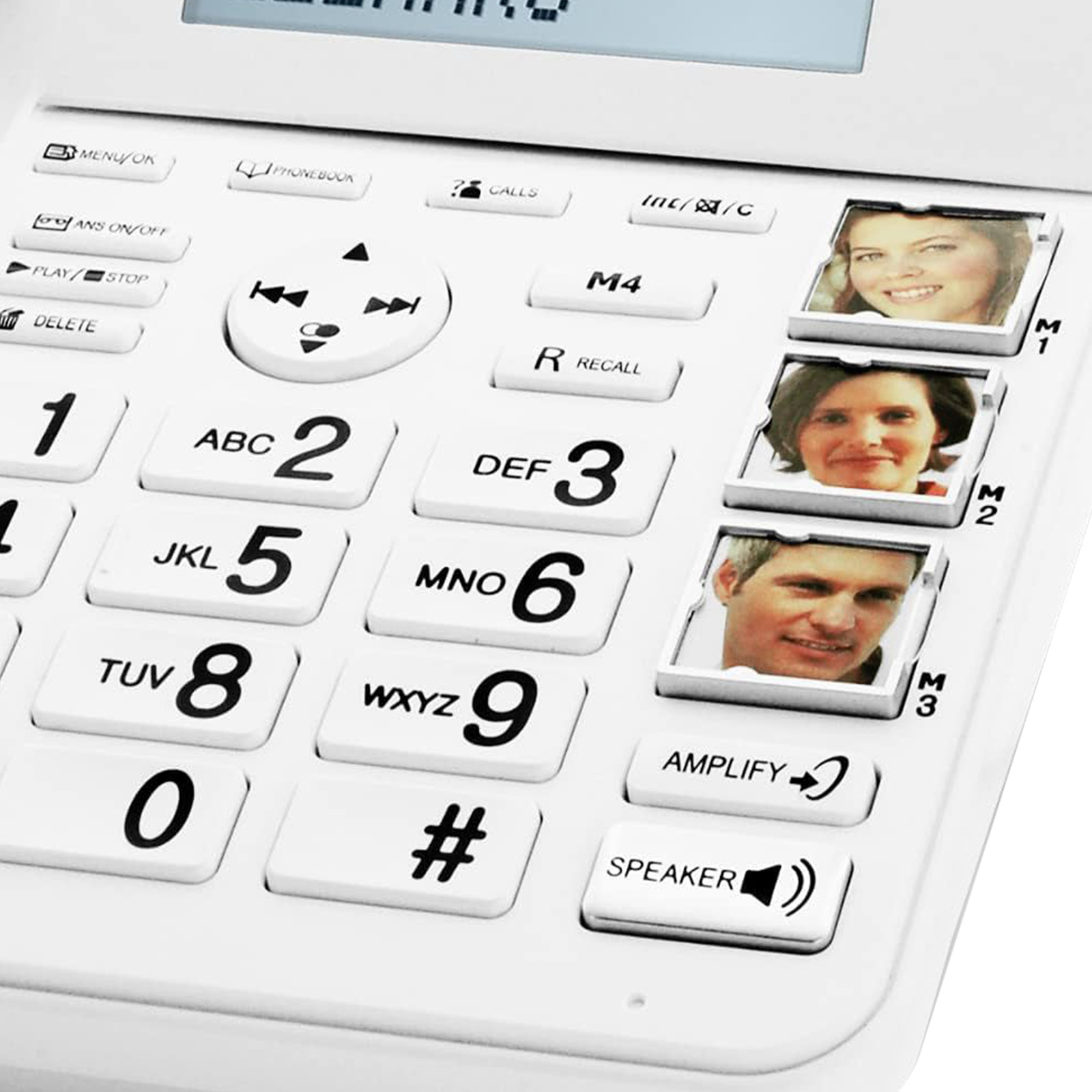 Telefono bianco con tasti grandi e foto di persone. Con pulsante altoparlante.