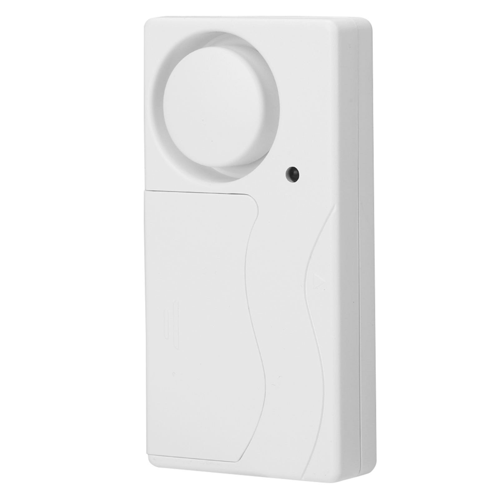 Weißes rechteckiges Alarmgerät mit Lautsprecher und schwarzem Sensor.