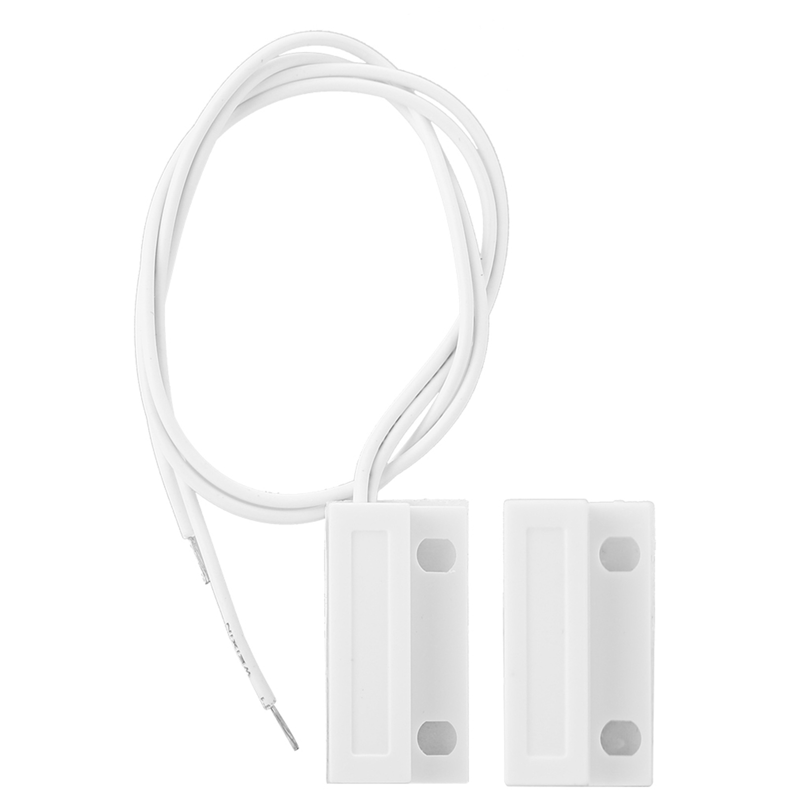Weißer magnetischer Türsensor mit Drähten. Zwei weiße Teile mit angeschlossenen Drähten.