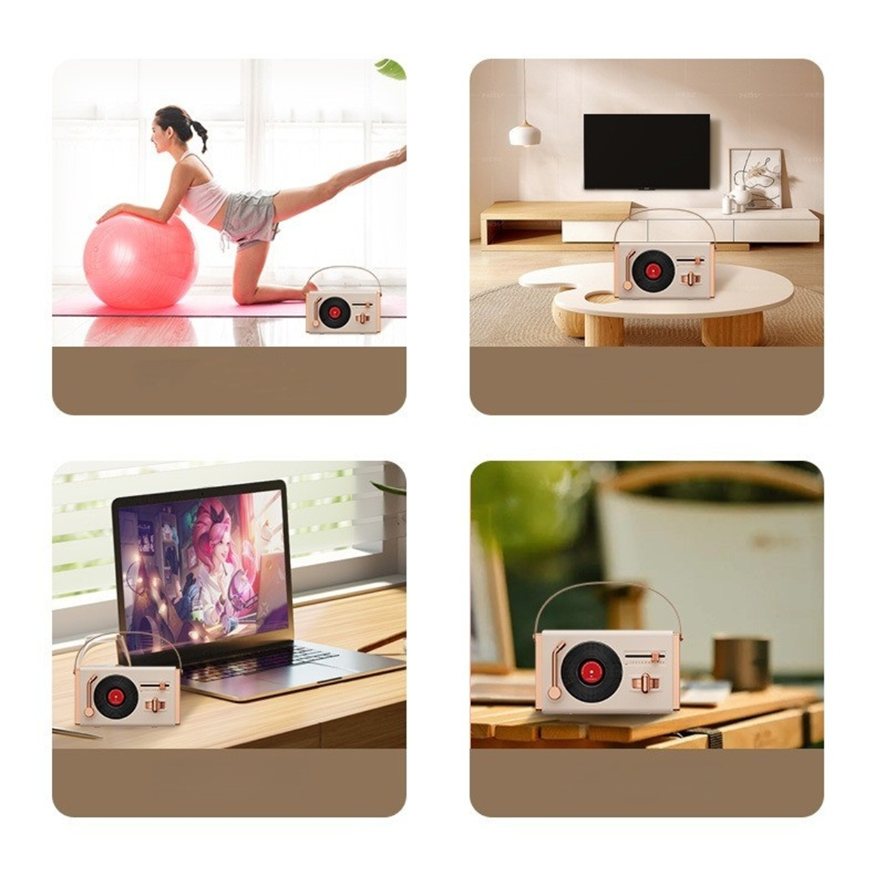 Vier Bilder eines Retro-Radios. Rosa, mit roter Scheibe. Auf einem Tisch, mit Laptop und Frau dargestellt.