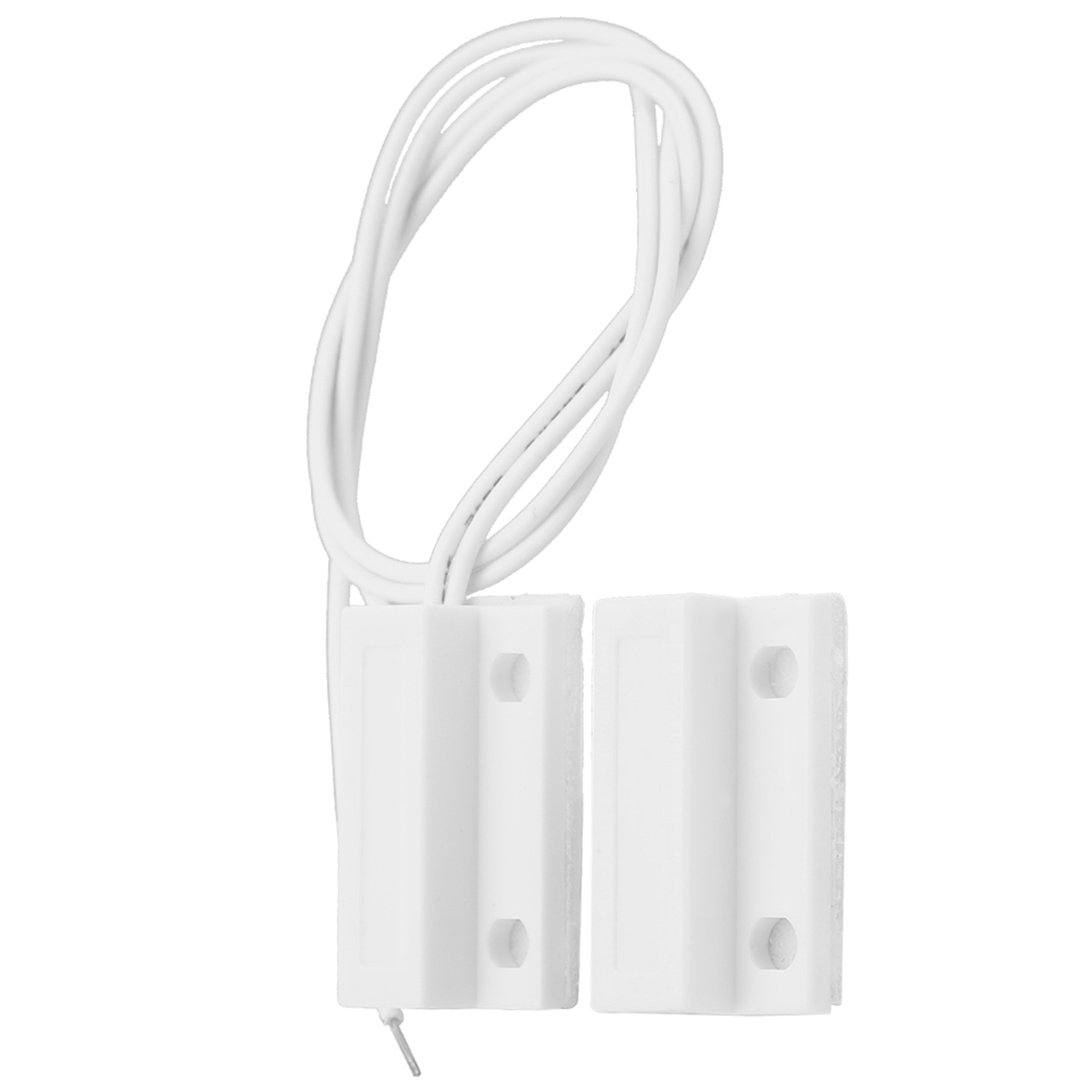 Weißer Magnet-Türsensor mit zwei Teilen und Drähten. Es hat Befestigungslöcher.