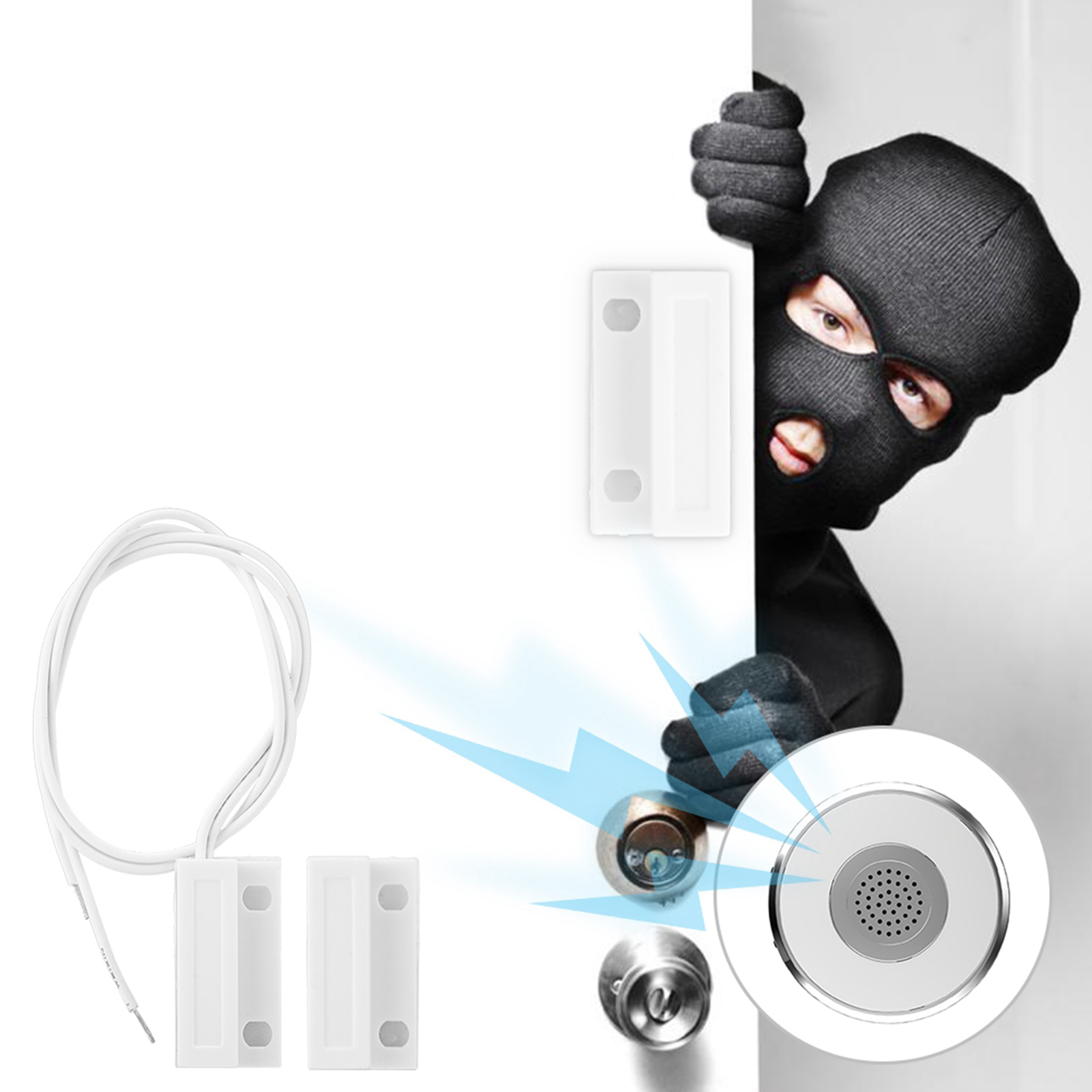 Ein Einbrecher mit schwarzer Maske späht um eine weiße Tür. Ein Sicherheitssystem ist zur Erkennung des Eindringlings vorhanden.