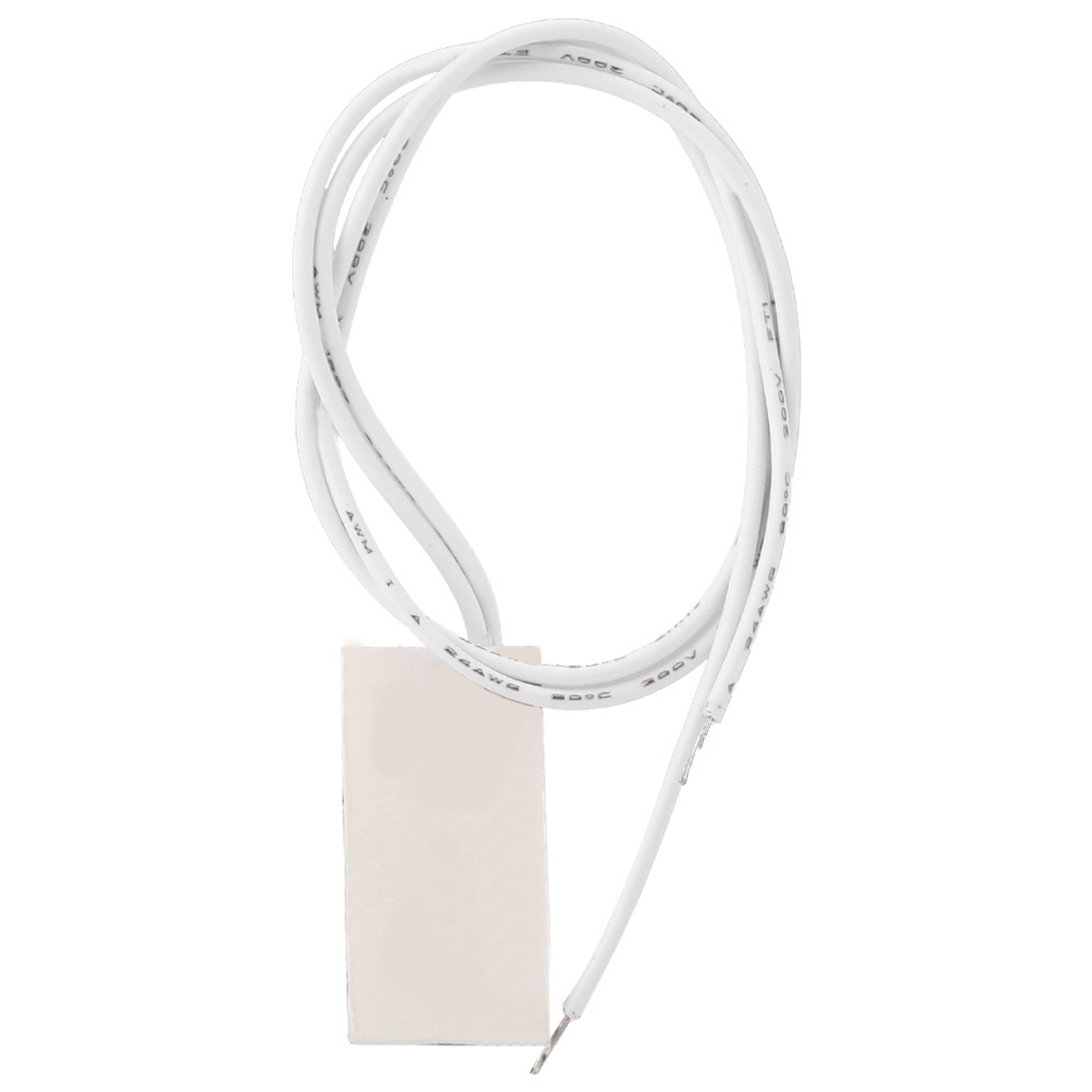 Weißes Kabel mit rechteckigem weißen Bauteil und blanken Drahtenden.