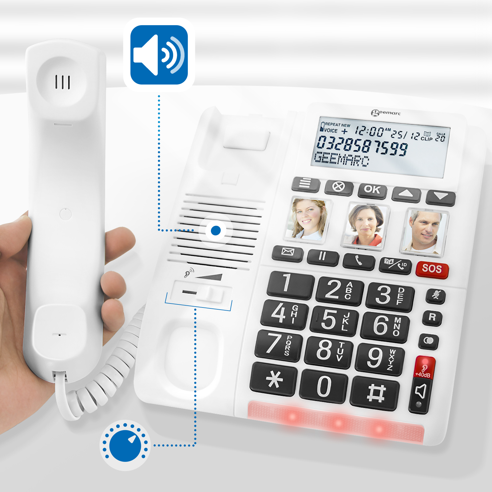 Weißes Telefon mit großen Tasten und Bildschirm, der Anrufer-ID-Informationen anzeigt. Hand hält Hörer.