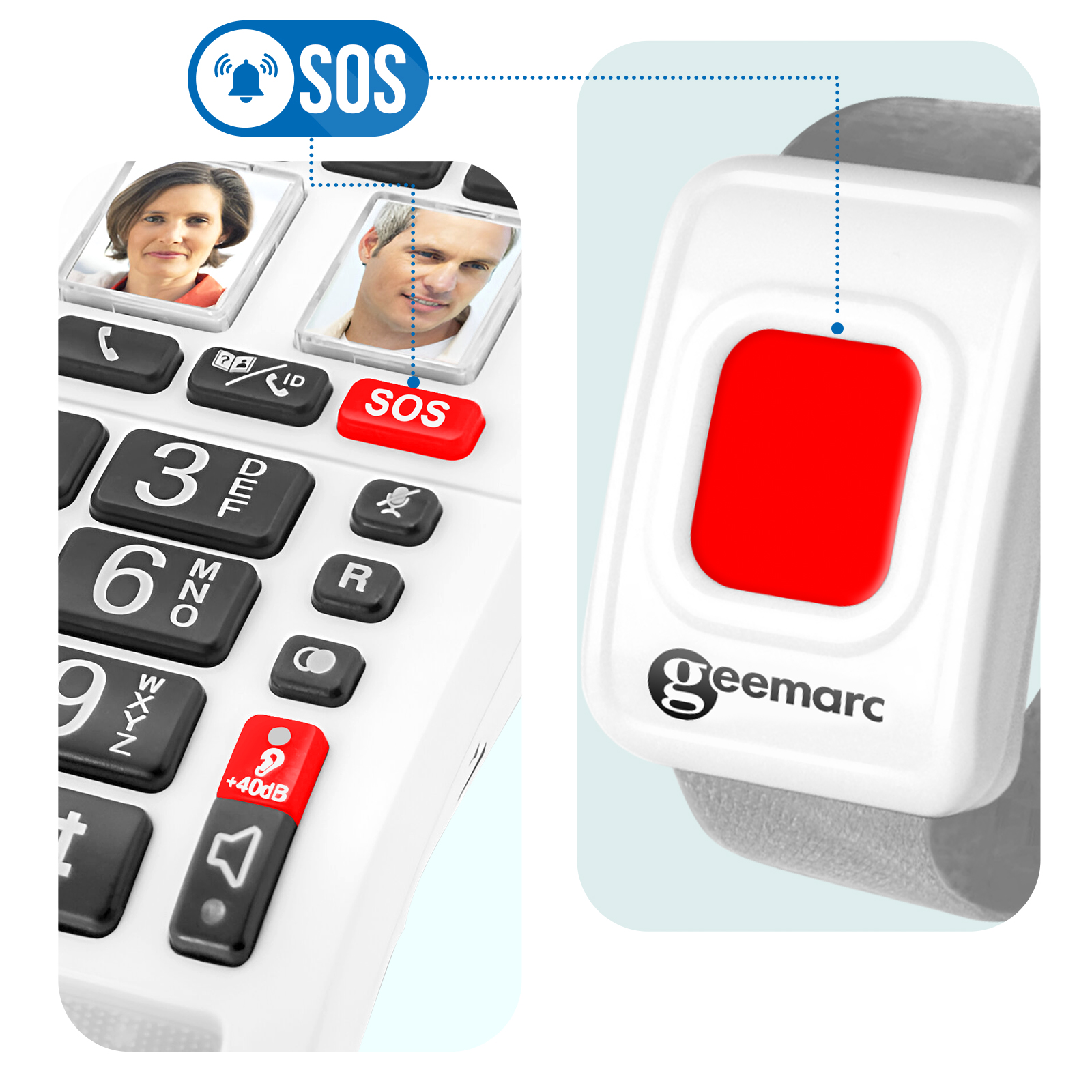 Weißes Telefon mit großen Tasten. Das Telefon hat Fotos und eine rote SOS-Taste. Ein Armband liegt daneben.