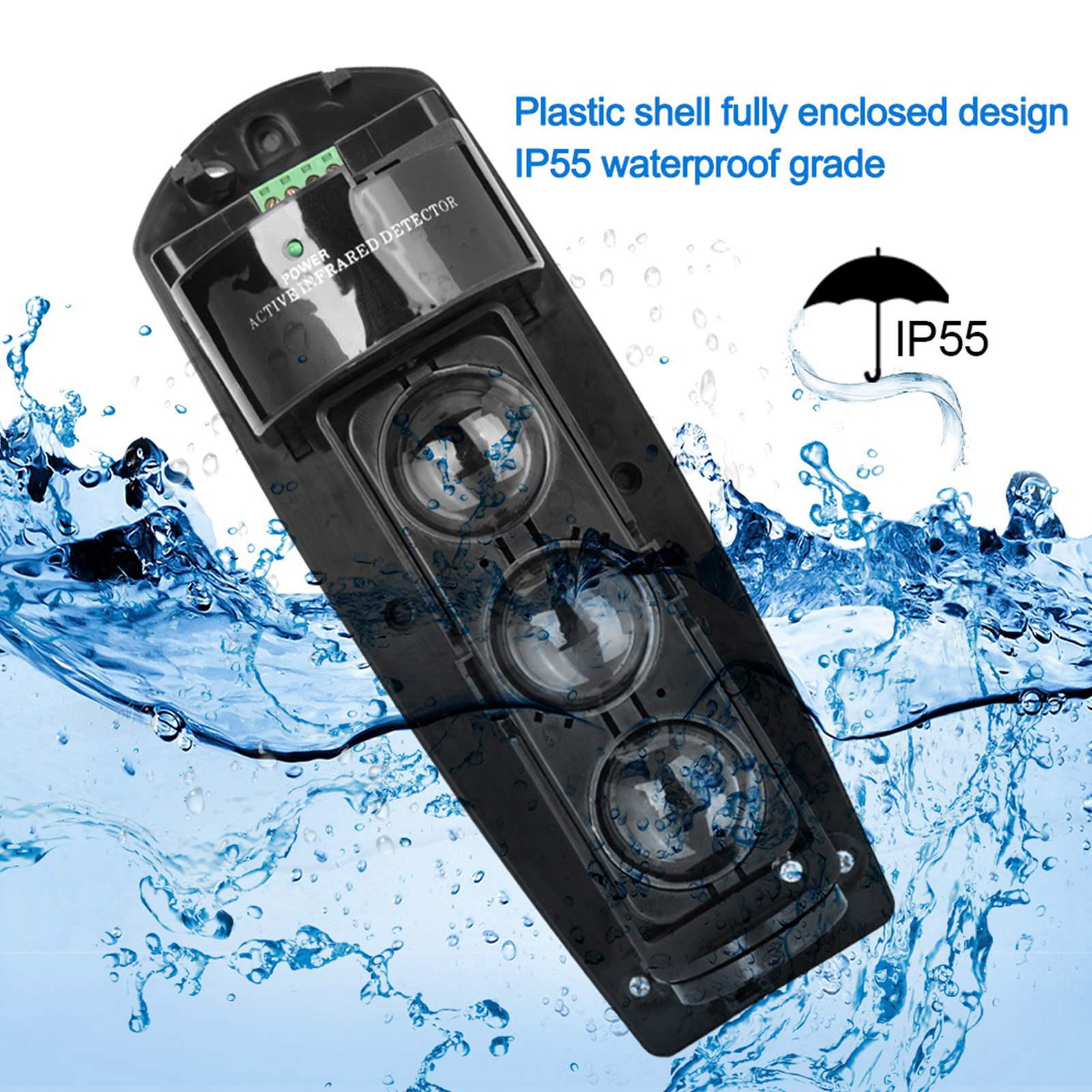 Schwarzer rechteckiger Sicherheitssensor mit drei Linsen, Wassertropfen und Text über wasserdichtes Design.