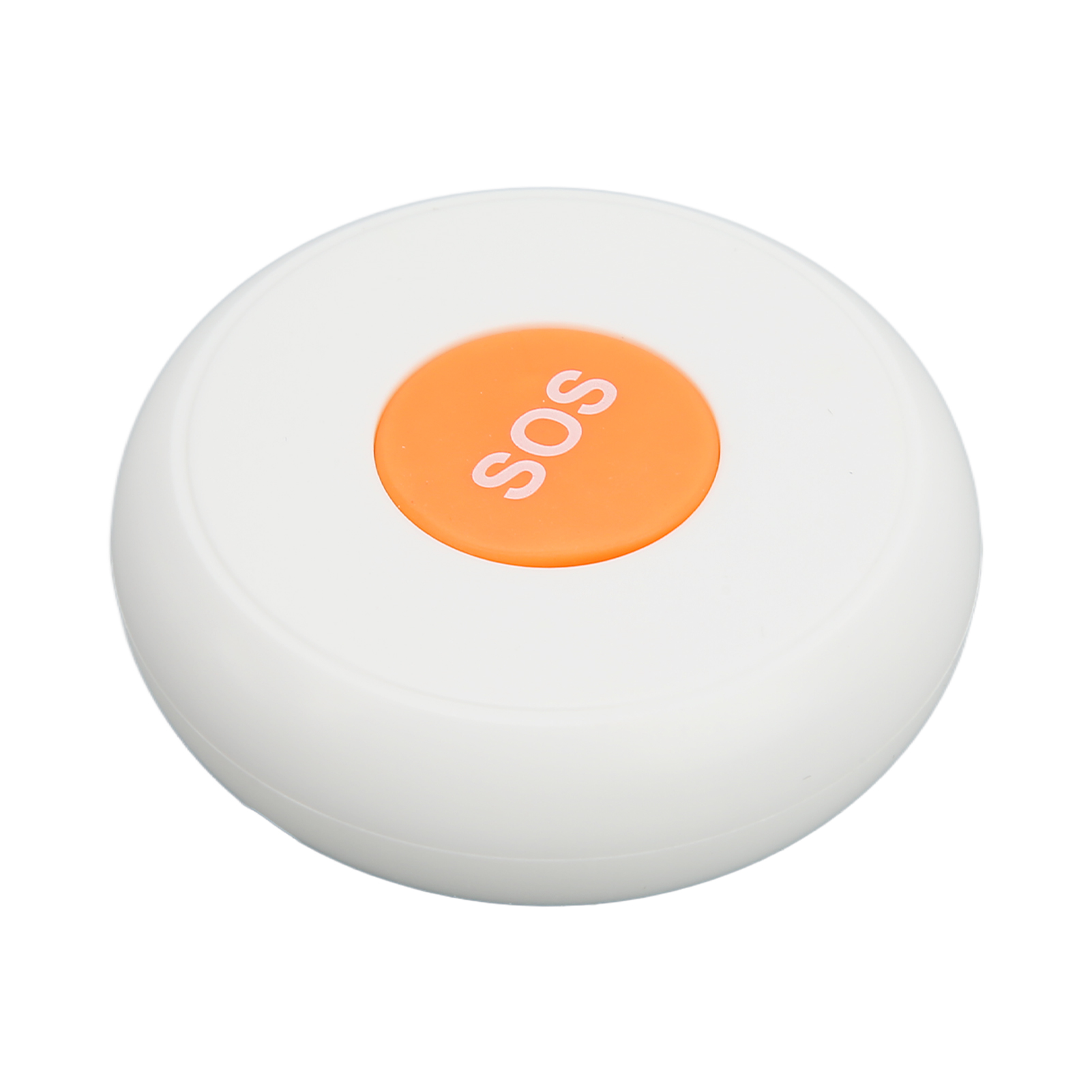 Weißer, runder SOS-Knopf mit orangem Zentrum, weißer Hintergrund.