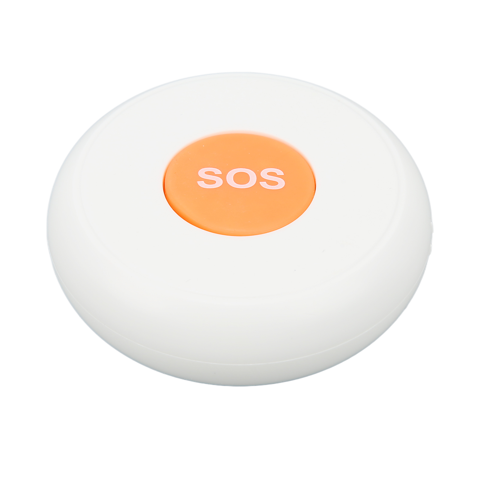 Ein weißer, runder Notfallknopf mit einem orangefarbenen Zentrum mit der Aufschrift 'SOS'.