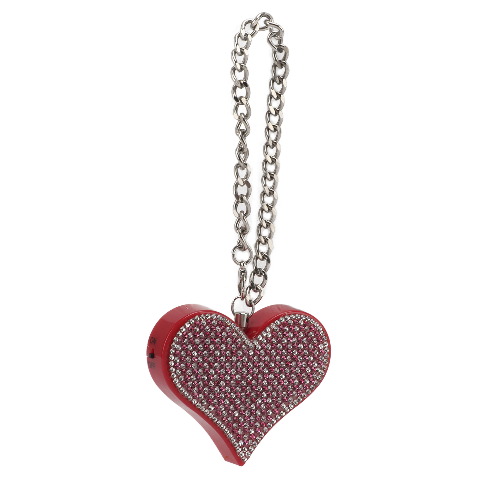 Roter herzförmiger Anhänger mit rosa Kristallen an einer silbernen Kette.