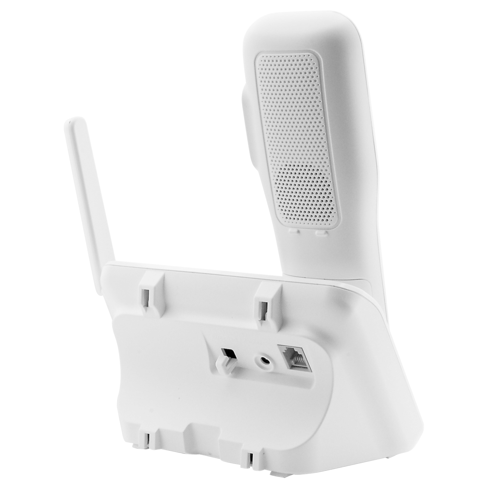 Weiße schnurlose Telefonbasisstation mit Antenne und Telefon.