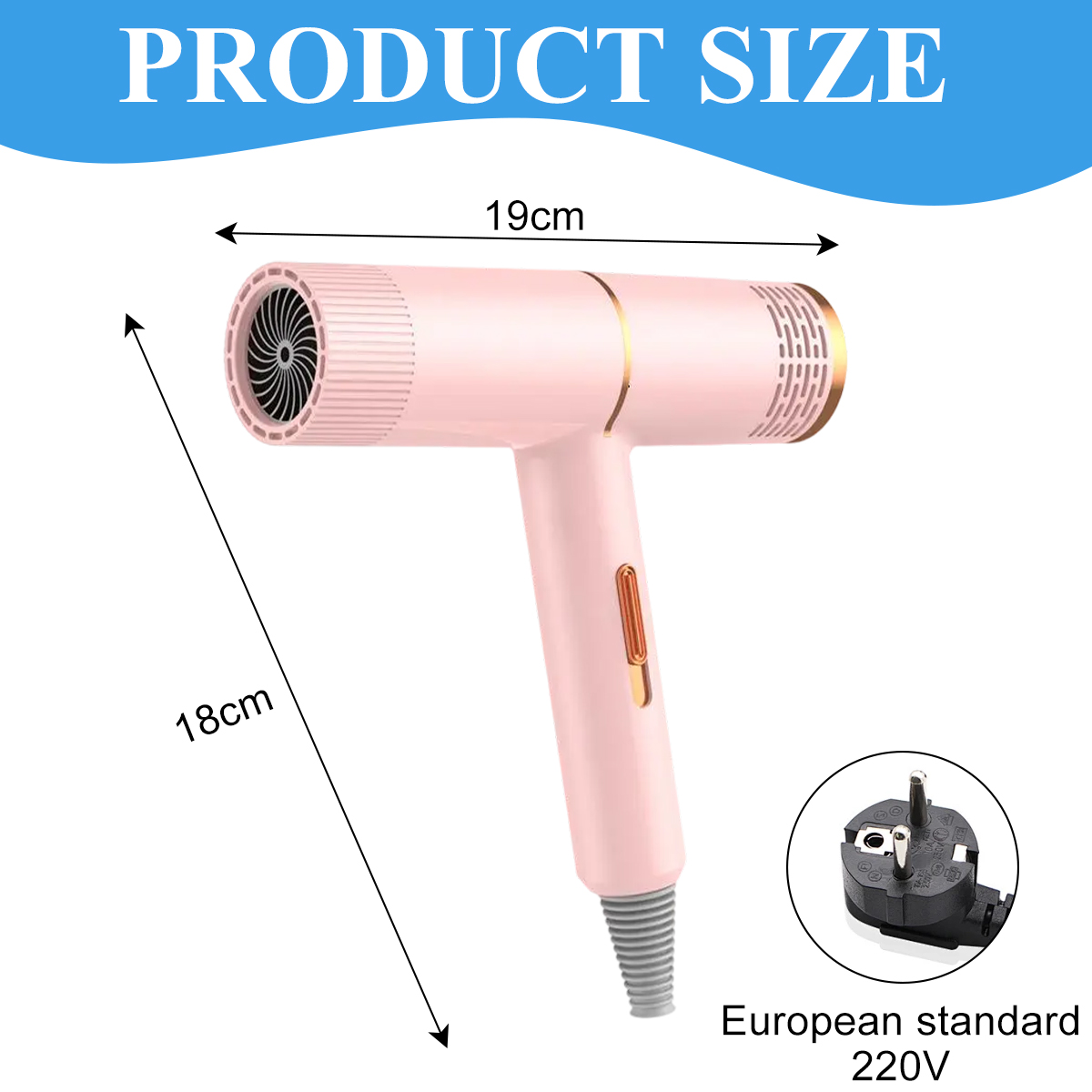 Ein rosa Haartrockner mit Maßen und Stecker. Produktgröße ist 19cm x 18cm, europäischer Standard 220V.