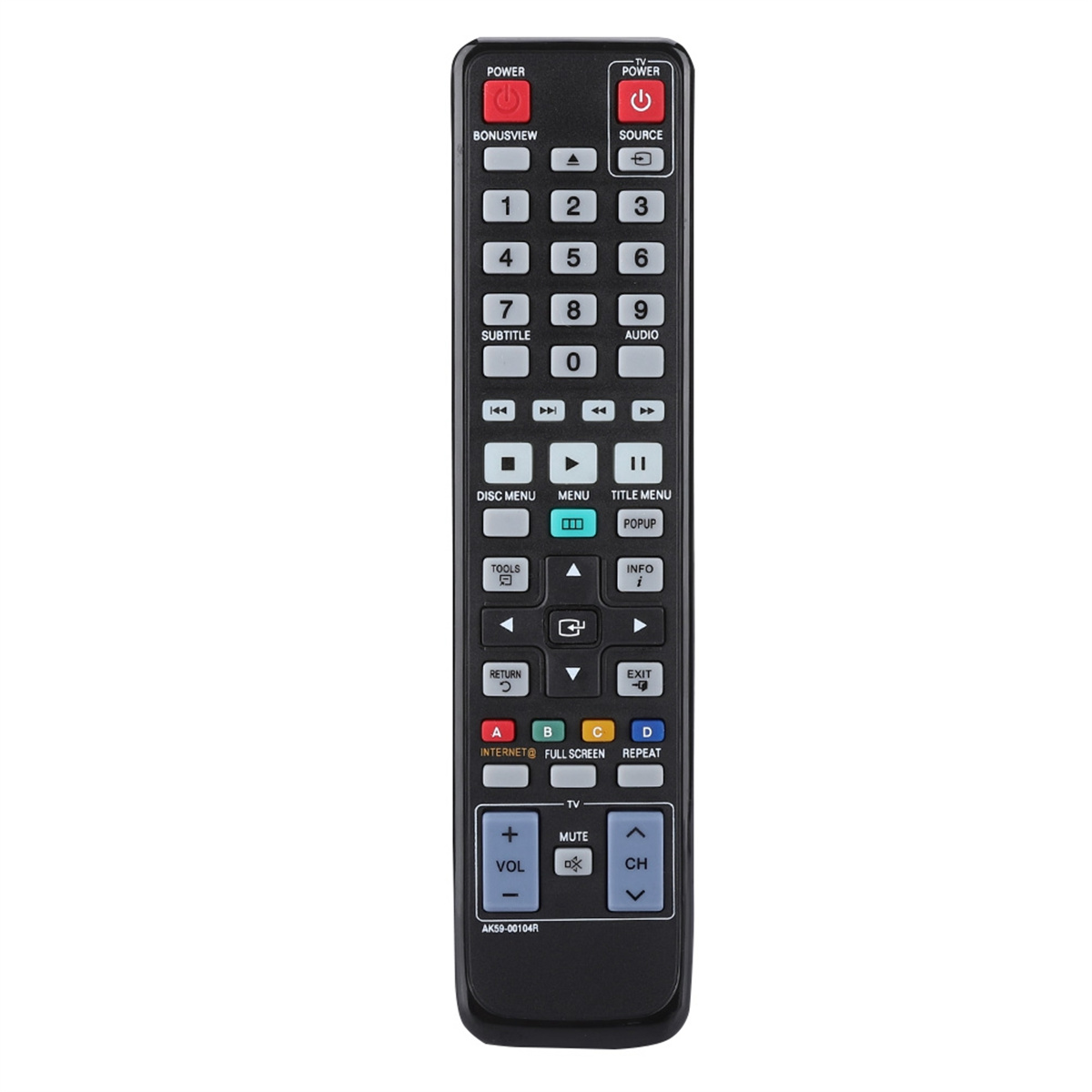 Schwarze Fernbedienung mit mehreren Tasten und TV-Funktionen auf weißem Hintergrund.