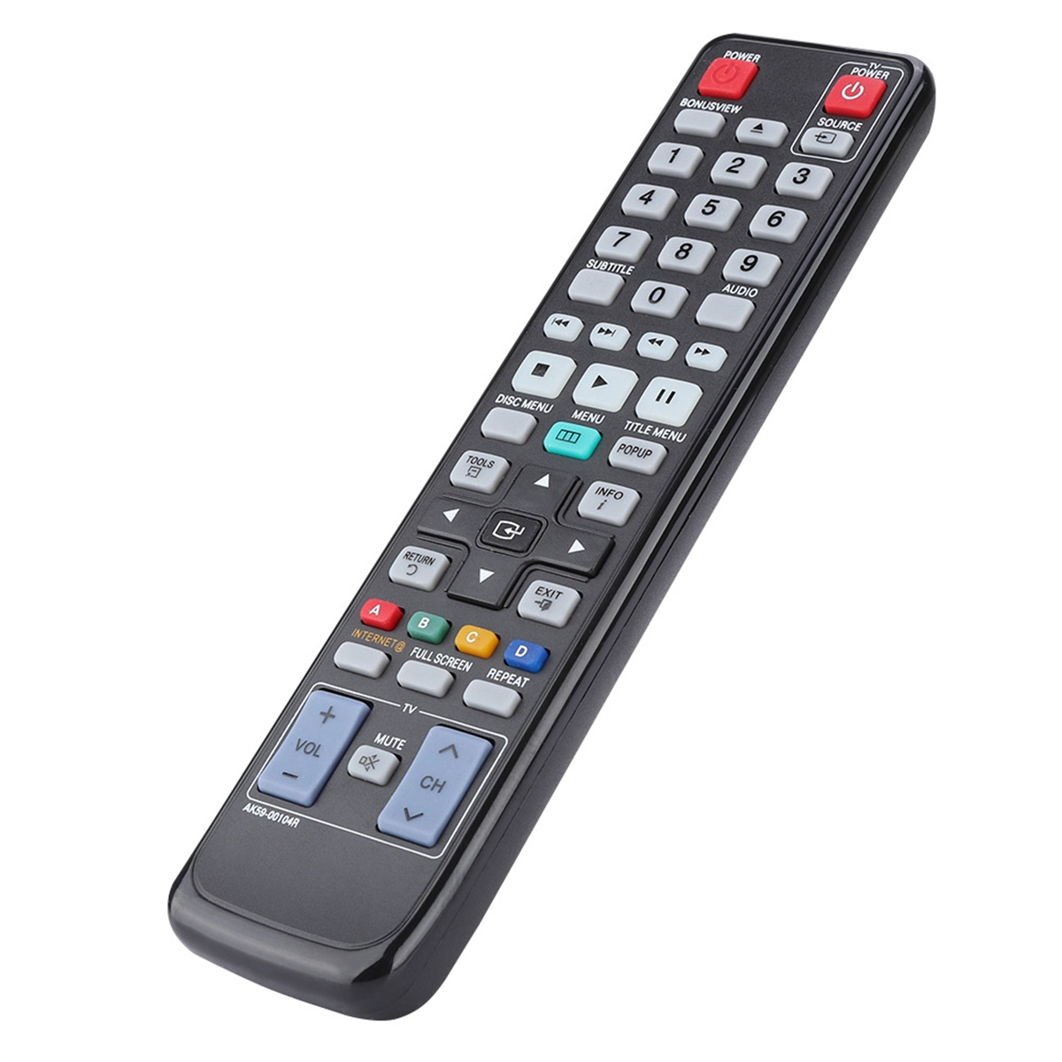 Eine schwarze Fernbedienung mit verschiedenen Tasten für TV-Funktionen.