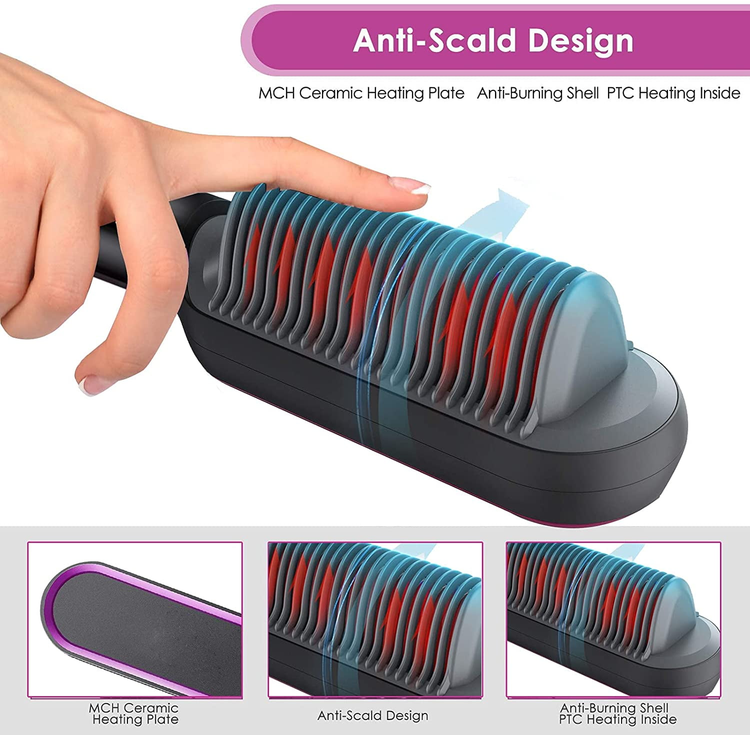Person benutzt einen Haarglätter mit roten Heizelementen. Zusätzliche Details zum Design werden gezeigt.