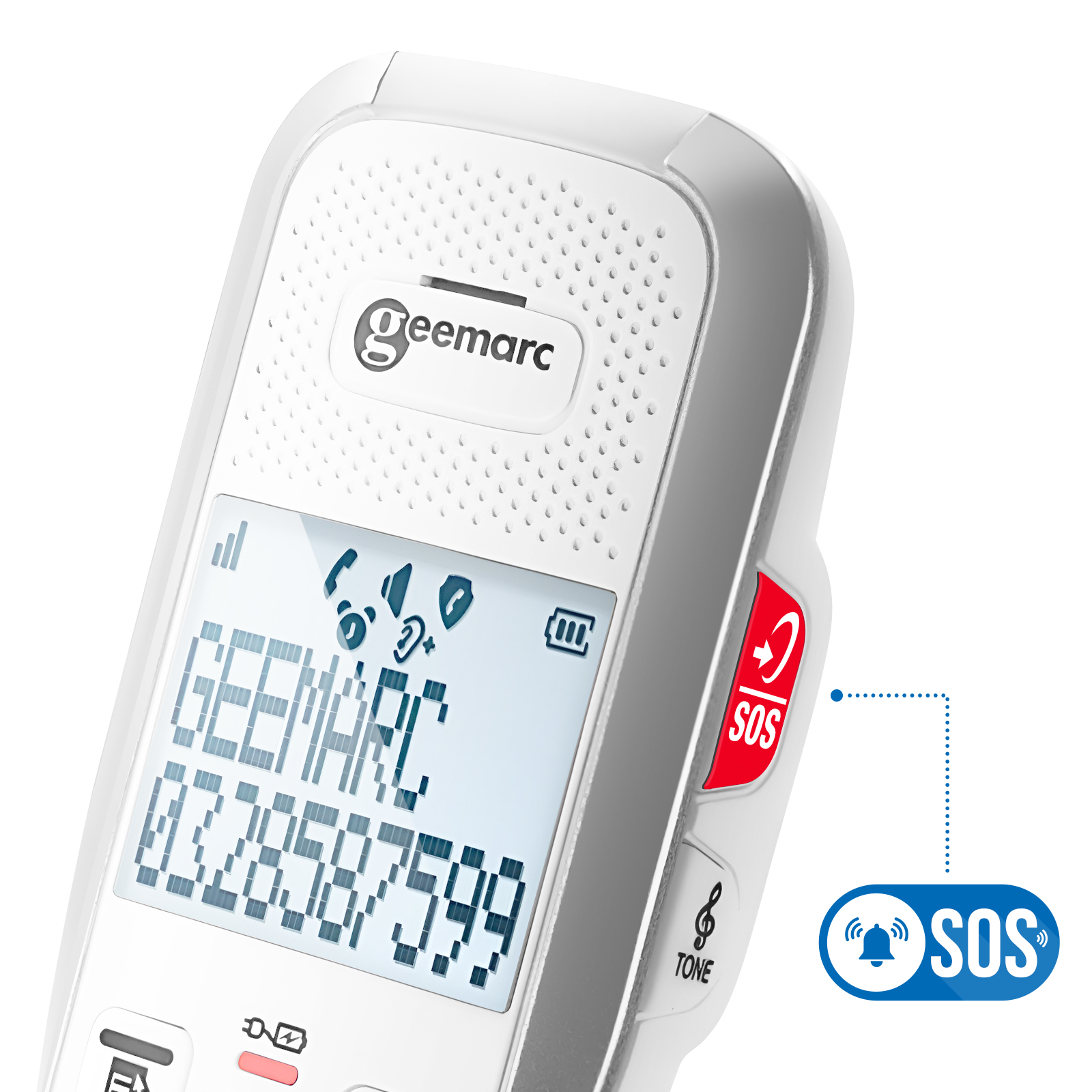 Weißes Telefon mit Textanzeige. Rote SOS-Taste. Blaue SOS-Grafik.