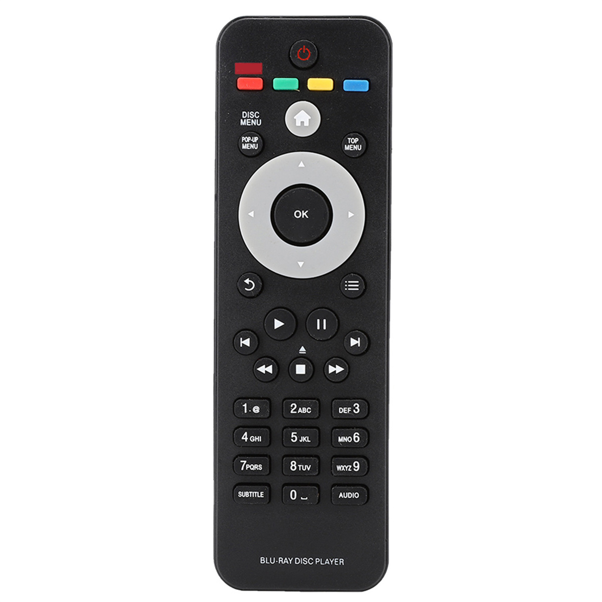 Schwarze Fernbedienung mit vielen Tasten für einen Blu-Ray-Player.