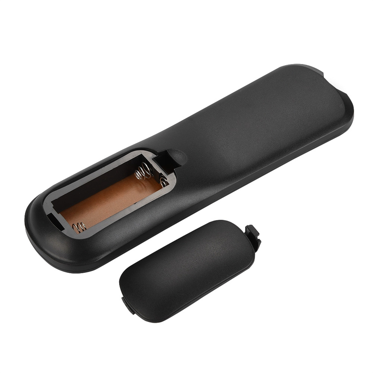 Schwarze Fernbedienung mit offenem Batteriefach. Batterien sind nicht enthalten. Die Fachabdeckung ist abgenommen.