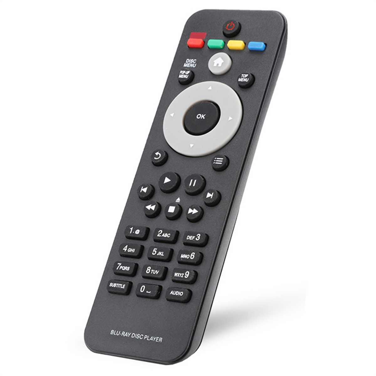 Eine schwarze Blu-ray Disc Player Fernbedienung mit mehreren Tasten, Zahlen und Text.