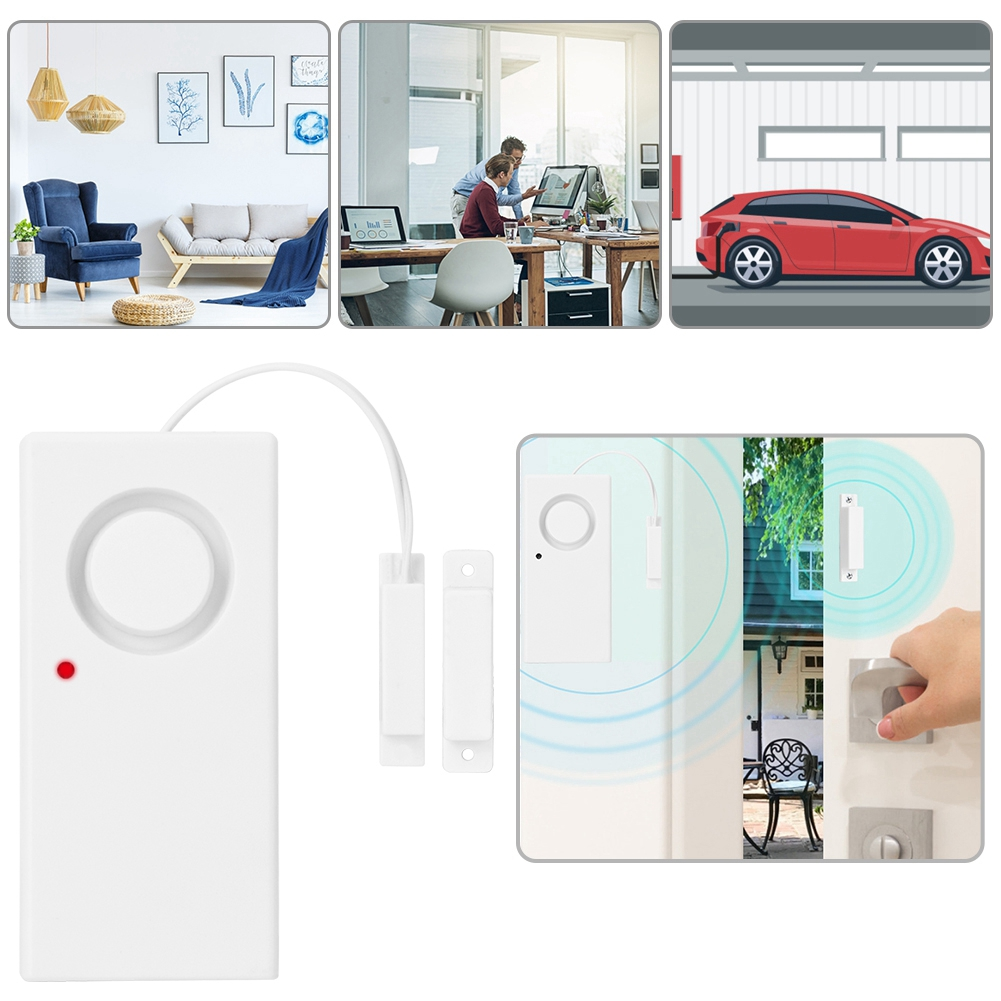 Mehrere Bilder eines weißen Sicherheitssensors mit Türsensor und Diagrammen, die seine Verwendung zeigen.