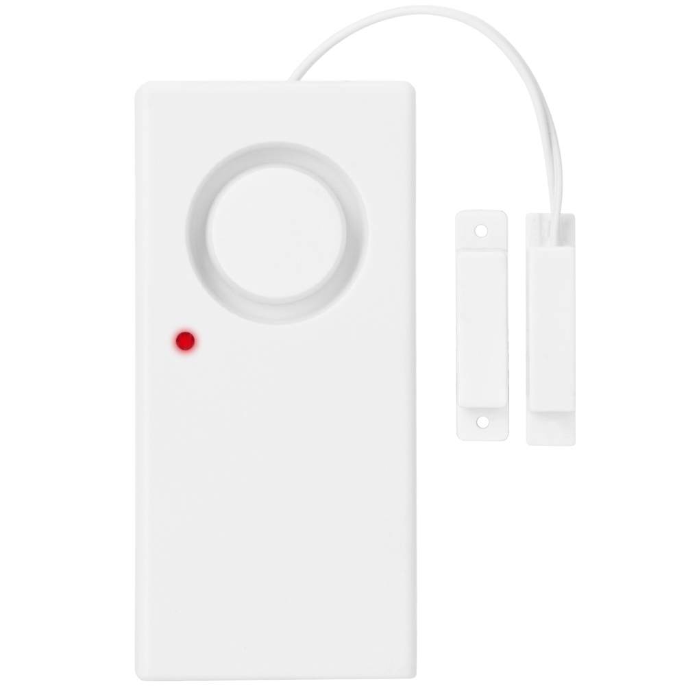 Weißer Türsensor mit rotem Licht. Separater Magnetkontakt. Weißer Hintergrund, einfaches Design.