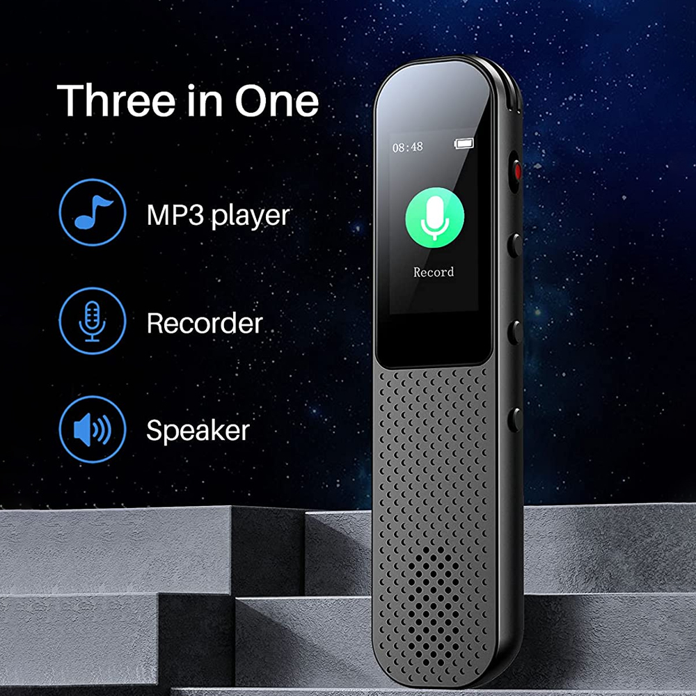 Schwarzer MP3-Player, Rekorder und Lautsprecher mit Bildschirm und Bedientasten.