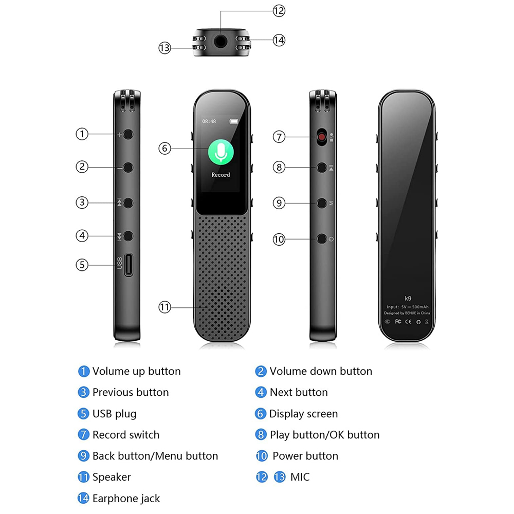Diagramm eines schwarzen digitalen Diktiergeräts. Es zeigt Knöpfe, Bildschirm und Anschlüsse.