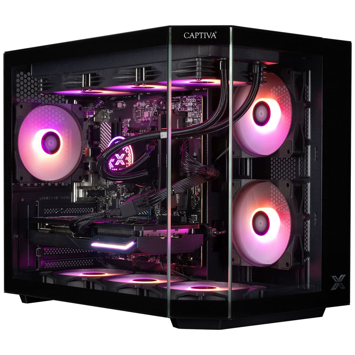Ein schwarzes Computergehäuse mit einer Glas-Seitenwand, das interne Komponenten mit bunten Lichtern zeigt.