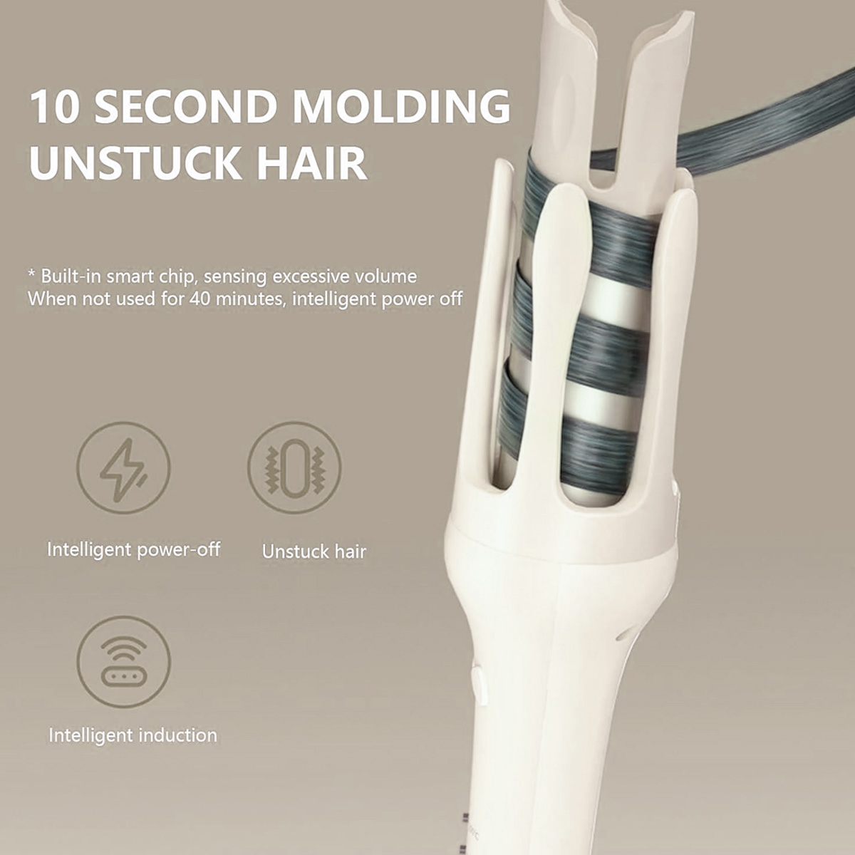 Haarstyling-Gerät mit aufgewickeltem Haar. Text: '10 Sekunden Formung' und entwirrtes Haar.
