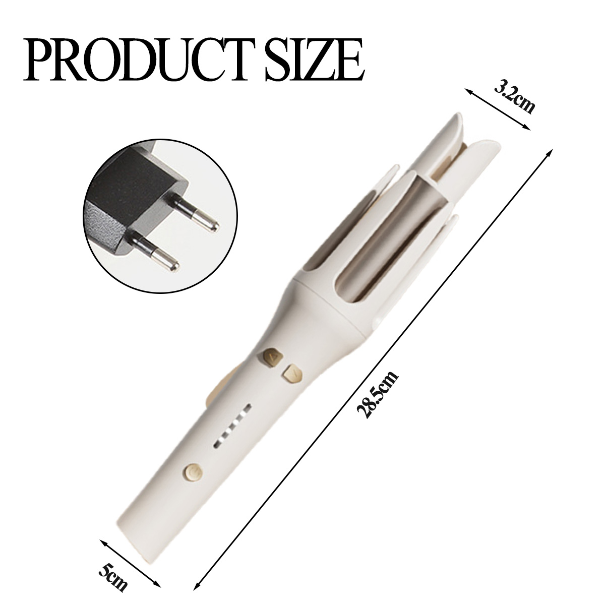 Weißes Haarstyling-Werkzeug. Produktdetails mit Abmessungen. Stecker im Hintergrund.