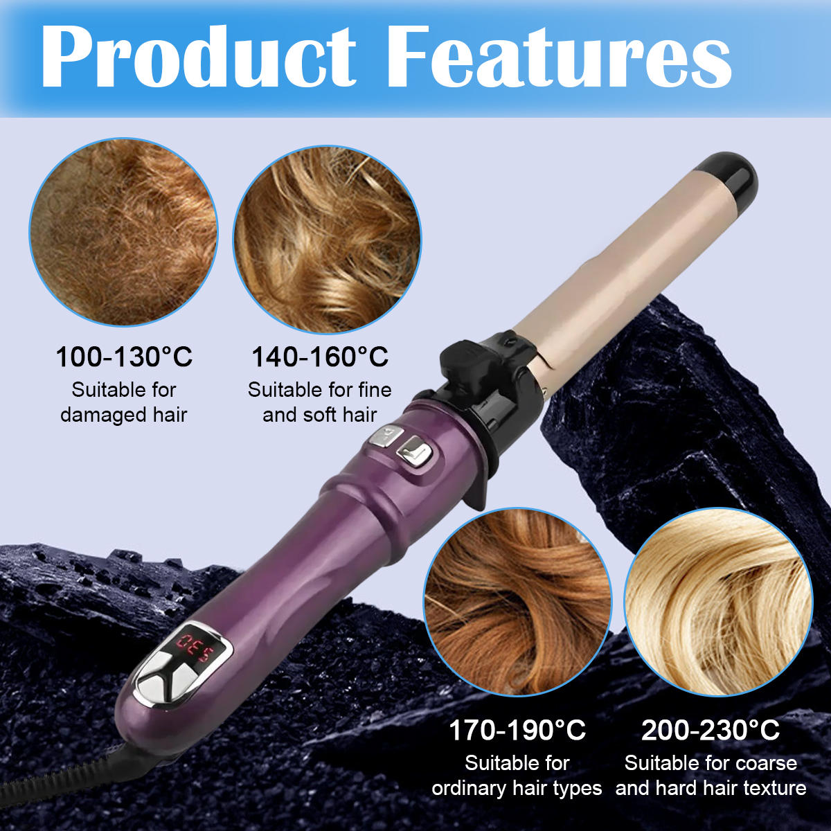 Haar-Lockenstab mit Temperatureinstellungen und Haartexturbeispielen. Es hat lila und goldene Elemente.