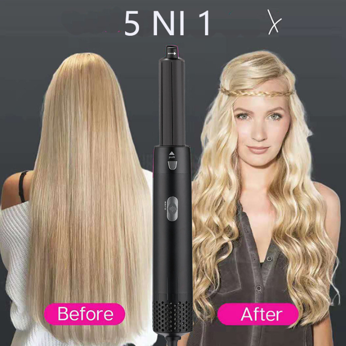 Haarstyling-Tool mit Vorher-/Nachher-Fotos. Blondes Haar wird gestylt. Werkzeug ist schwarz.