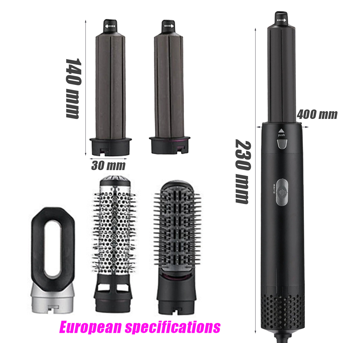 Ein schwarzes Haarstyling-Werkzeug mit Aufsätzen und Abmessungen. Enthält zwei zylindrische Aufsätze, Bürsten und einen Hauptkörper.