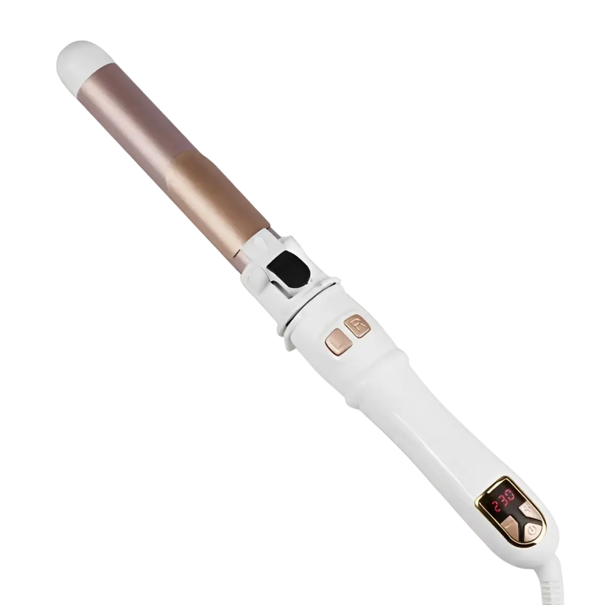 Weißer und roségoldener Lockenstab mit Digitalanzeige, die die Temperatur anzeigt.