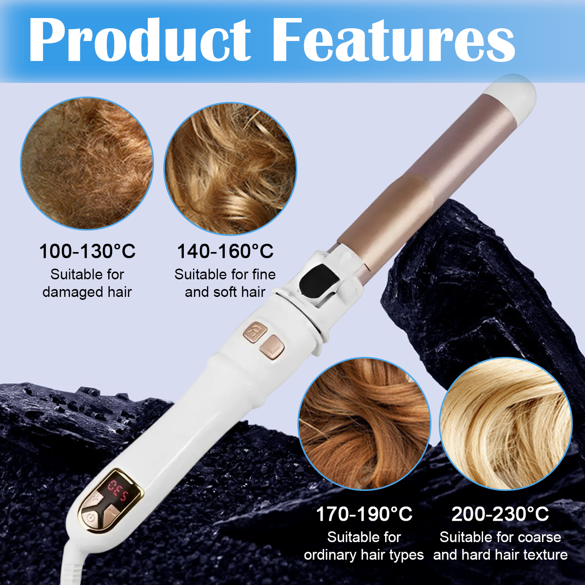 Produktmerkmale eines Lockenstabs: Haarproben und Temperaturbereiche.