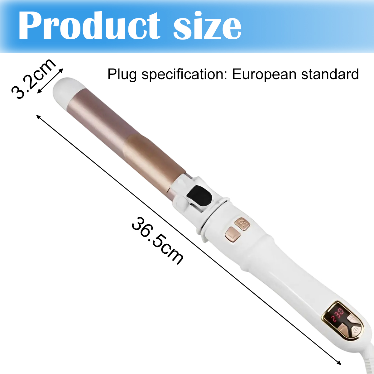 Ein Lockenstab mit Produktgrößenanzeigen. Der Hintergrund ist weiß.