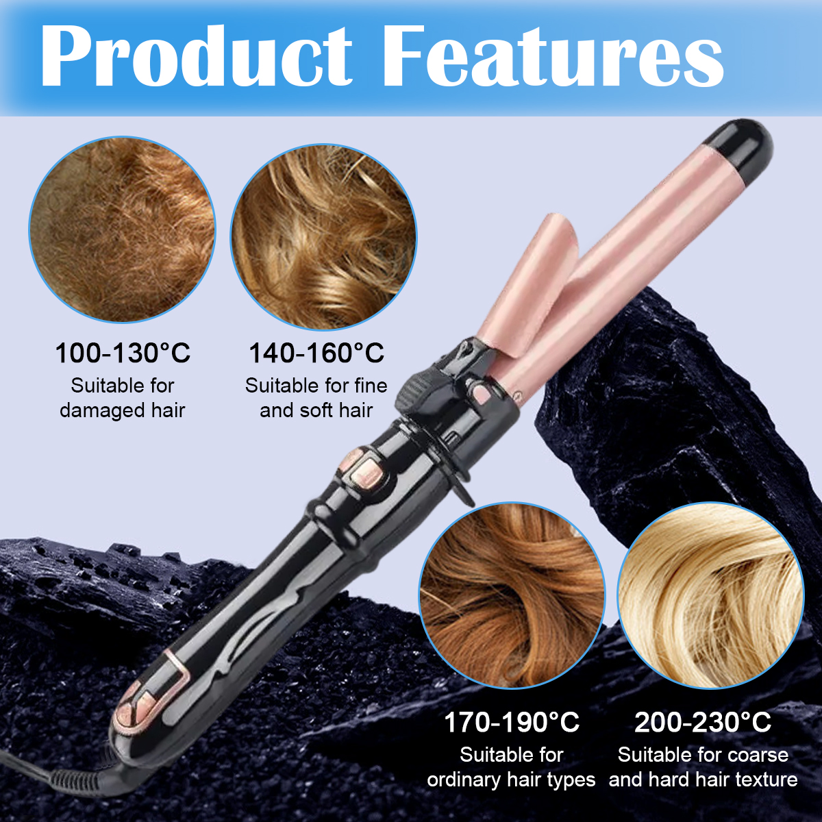 Haarstyler mit verschiedenen Haarproben und Textbezeichnungen für Temperatureinstellungen.